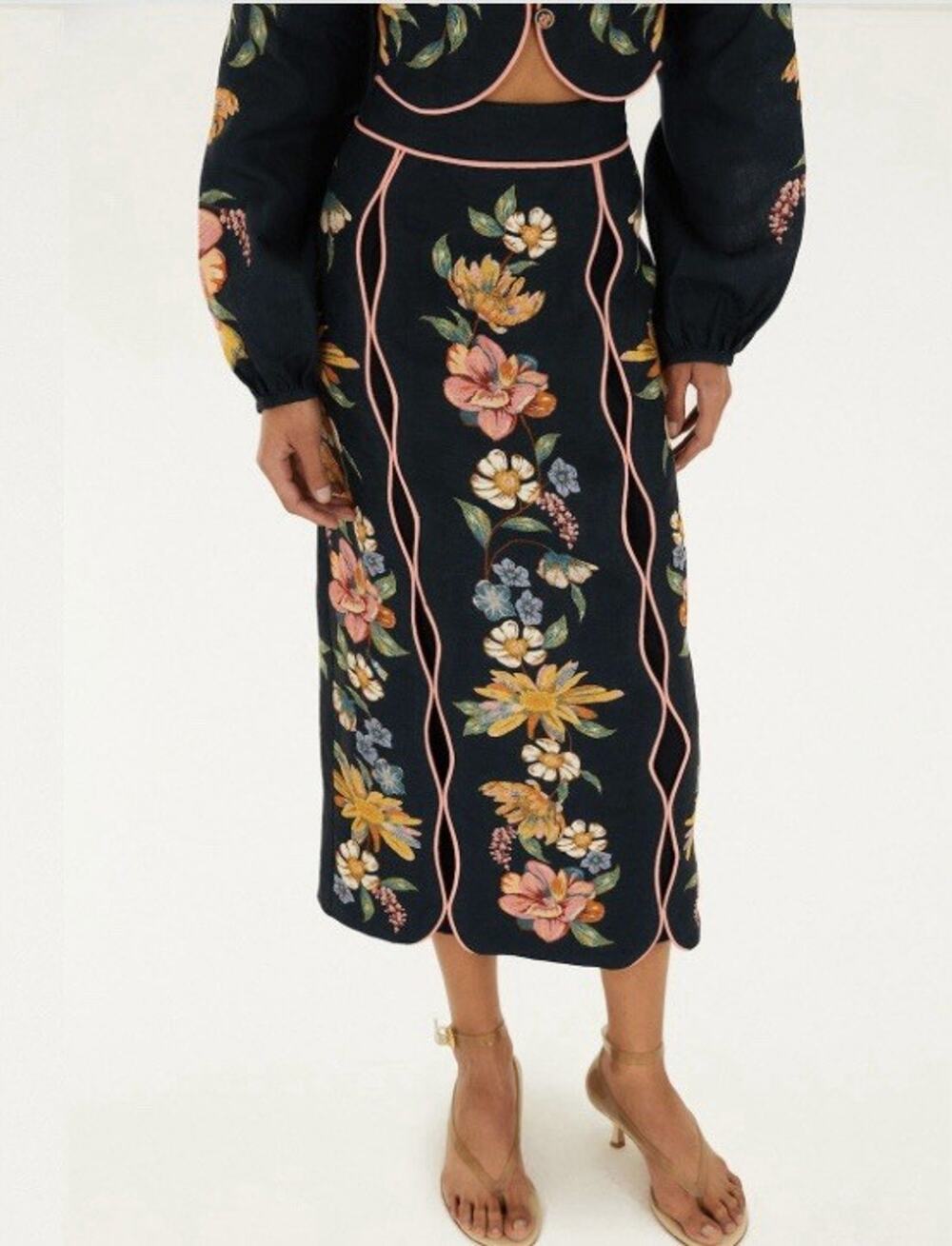 Farm Rio Dark Blue Maira Floral Midi Skirt Large